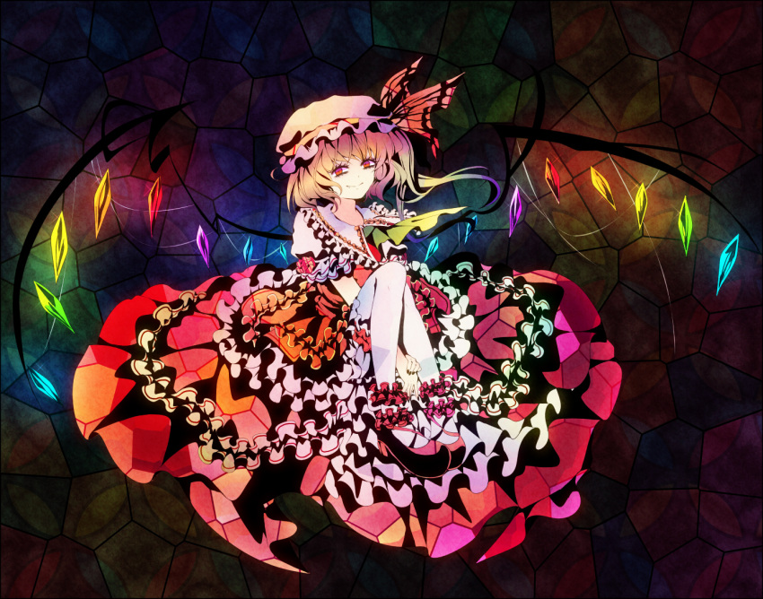 ankle_cuffs bad_id blonde_hair dress eyelashes fang flandre_scarlet frills gathers glowing glowing_wings icc looking_at_viewer nail_polish pantyhose red_eyes ruffles short_hair side_ponytail sitting smirk solo stained_glass the_embodiment_of_scarlet_devil touhou white_legwear wings