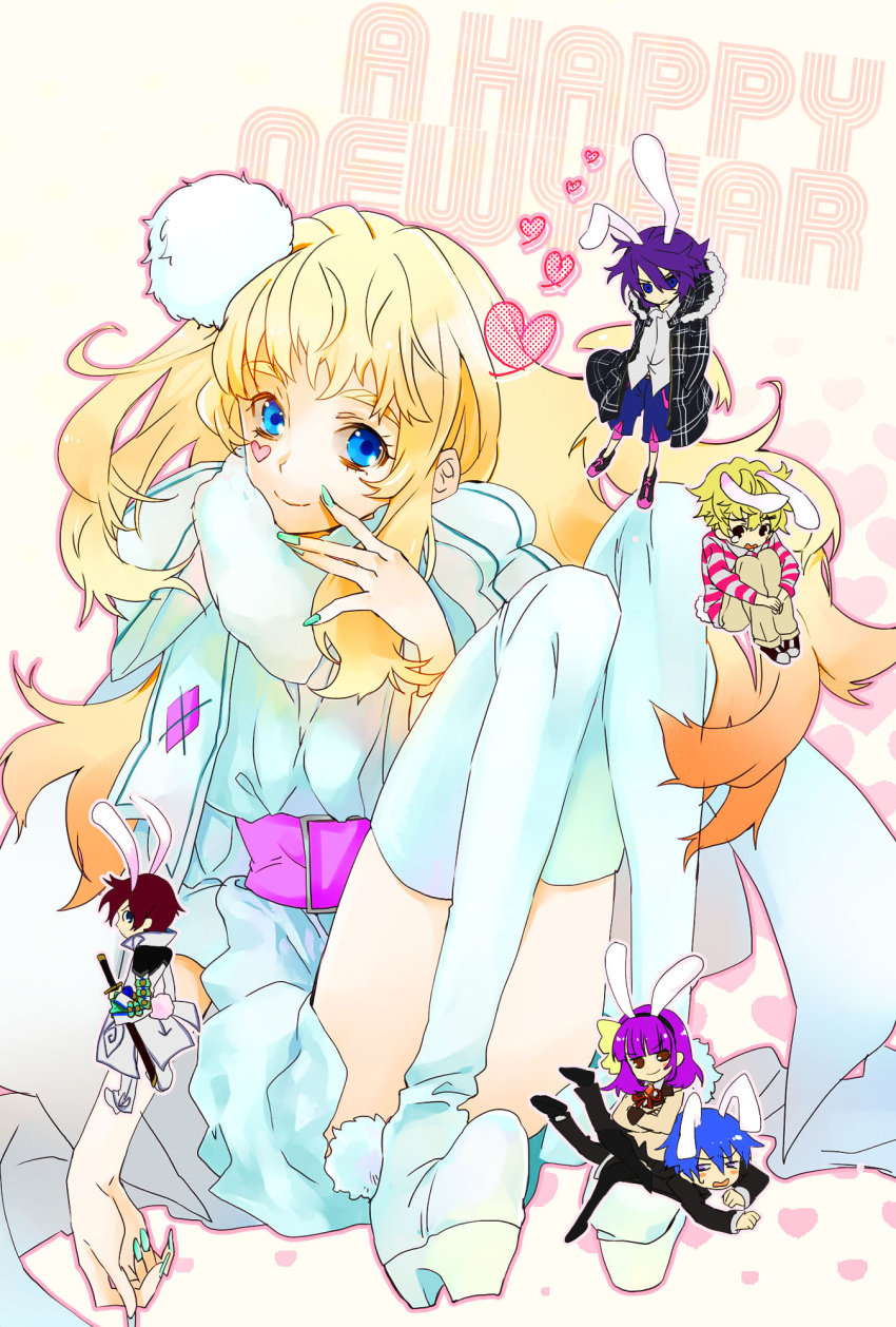 animal_ears asbel_lhant belt blonde_hair blue_eyes boots bunny_ears bunny_tail character_request chibi hair_ornament heart highres hinata_(angel_beats!) koide_natsuno long_hair macross macross_frontier macross_frontier:_itsuwari_no_utahime mooche mutou_tooru mutou_toru nail_polish new_year sheryl_nome shiki sitting sitting_on_person tail tales_of_(series) tales_of_graces thigh-highs thigh_boots thighhighs yuri_(angel_beats!)