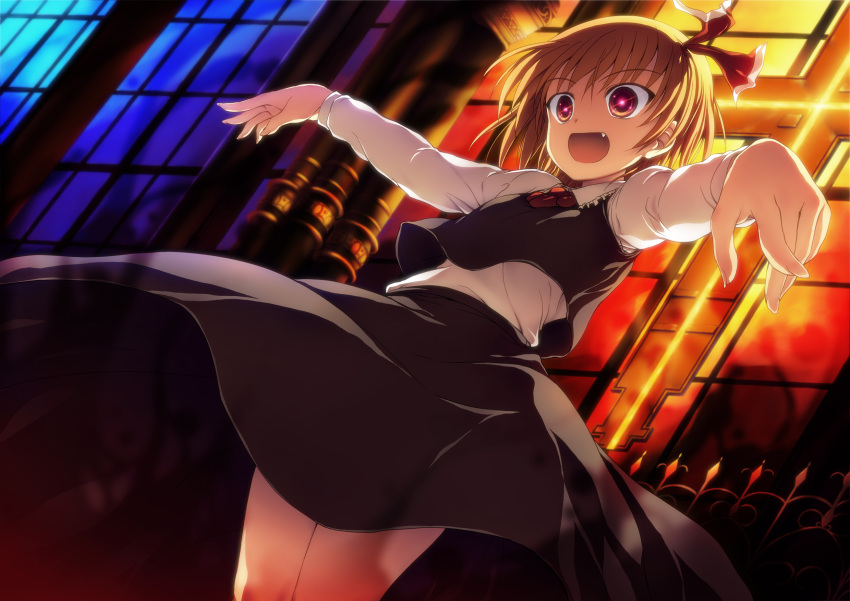 blonde_hair fang hair_ribbon highres kusakami_akira outstretched_arms red_eyes ribbon rumia short_hair solo the_embodiment_of_scarlet_devil touhou youkai