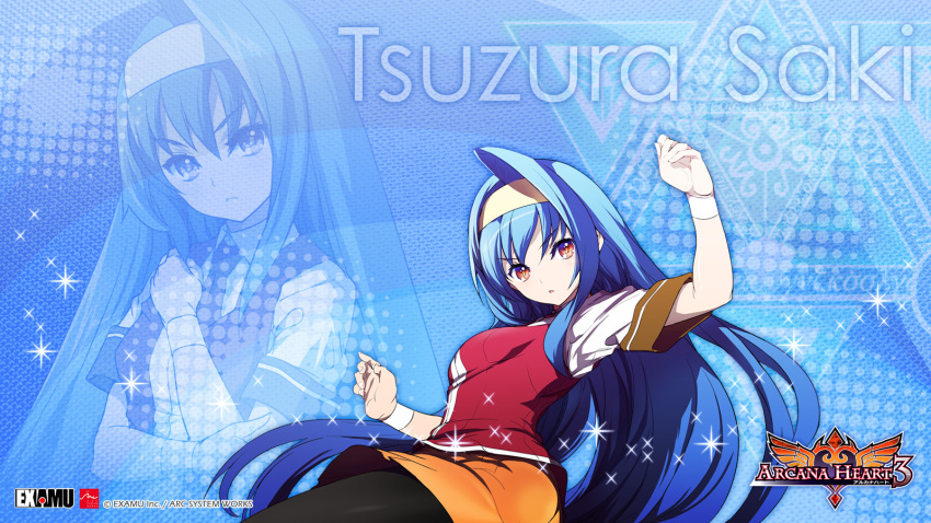 16:9 angry arcana_heart arcana_heart_3 blue_background blue_hair bracelet brown_eyes character_name dress fighting_stance frown hairband headband highres jewelry logo long_hair necktie official_art open_mouth orange_dress orange_eyes outstretched_arms pantyhose school_uniform short_sleeves skirt solo sparkle spread_arms thigh-highs thighhighs title_drop tsuzura_saki very_long_hair vest wallpaper wristband