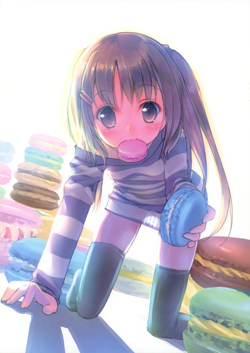 absurdres all_fours black_legwear black_thighhighs blush bottomless brown_eyes brown_hair food highres macaron mouth_hold no_pants no_shoes off_shoulder original pastry see-through see-through_silhouette shirt side_ponytail solo striped striped_shirt takoyaki_(roast) thigh-highs thighhighs zettai_ryouiki