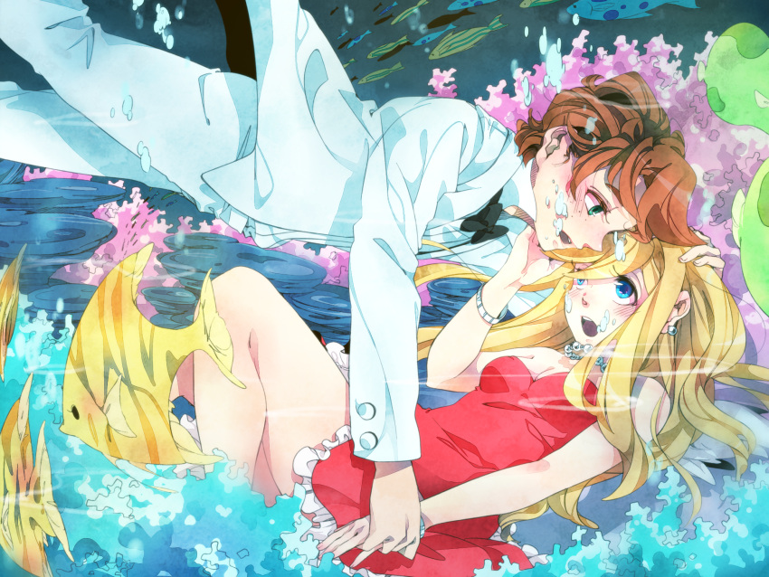 1girl alternate_hairstyle aquarium bare_shoulders blonde_hair blue_eyes blush bowtie bracelet brief_(character) brief_(psg) bubble coral couple dress earrings fish formal freckles green_eyes hand_on_another's_face hand_on_face hand_on_head highres holding_hands jewelry long_hair meo orange_hair panty_&amp;_stocking_with_garterbelt panty_(character) panty_(psg) red_dress short_hair sleeveless tuxedo underwater water