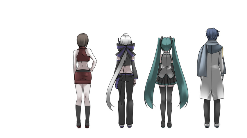 3girls aqua_hair back bare_shoulders belt blue_hair bow brown_hair caffein coat detached_sleeves hatsune_miku headphones kaito long_hair meiko ponytail scarf short_hair silver_hair skirt thigh-highs twintails vocaloid yowane_haku zettai_ryouiki