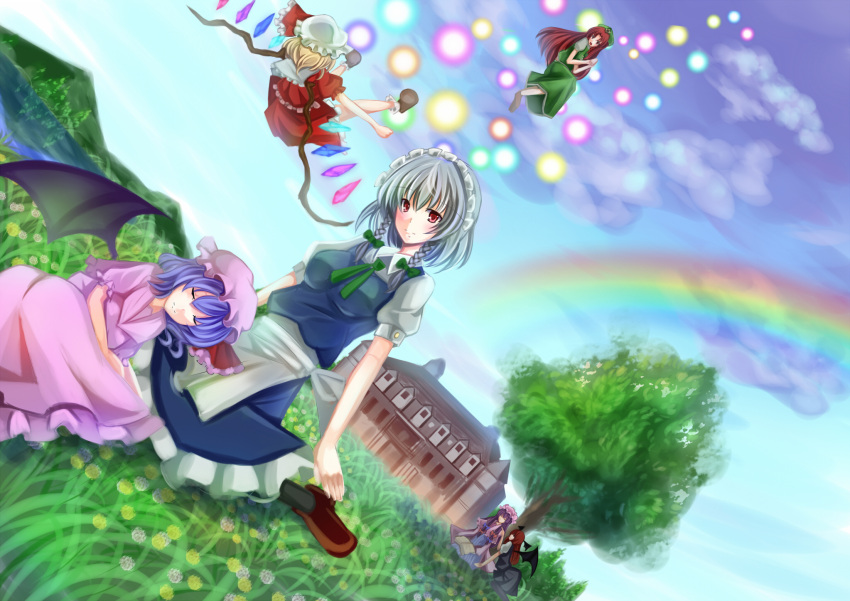 danmaku dutch_angle flandre_scarlet flying grass highres hong_meiling izayoi_sakuya koakuma lap_pillow lio maid maid_headdress patchouli_knowledge rainbow remilia_scarlet scarlet_devil_mansion sky the_embodiment_of_scarlet_devil touhou tree wings