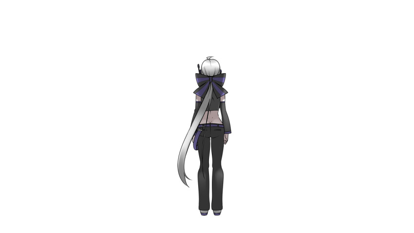 ass belt bow butt_crack caffein cyber_diver_(vocaloid) detached_sleeves from_behind hair_bow hair_ornament headphones long_hair pants ponytail silver_hair solo vocaloid voyakiloid white_hair yowane_haku