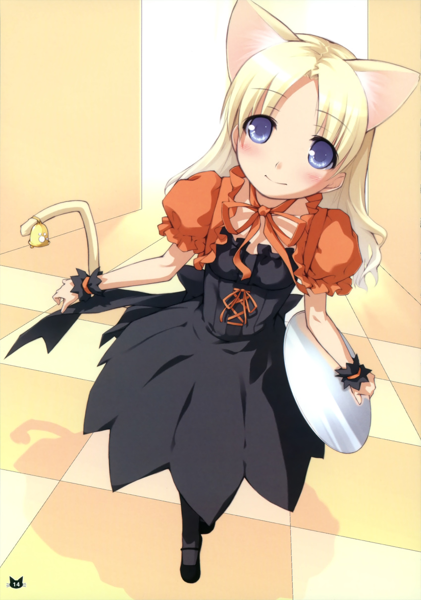 animal_ears bell blonde_hair blue_eyes blush cat_ears cat_tail flat_chest highres long_hair looking_up ooji original pantyhose ribbon shadow shoes skirt smile solo tail tray waitress walking wrist_cuffs