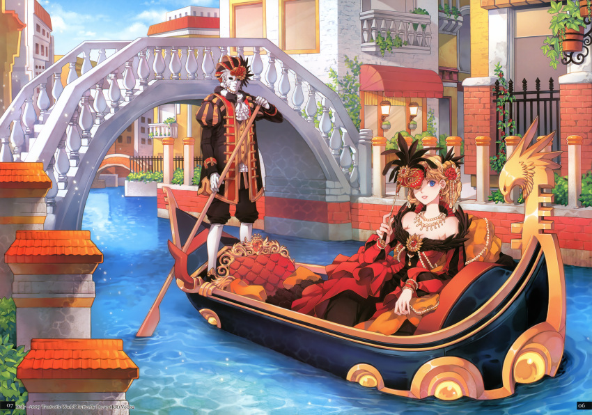 bare_shoulders blonde_hair blue_eyes boat breasts bridge building canal cleavage domino_mask dress flower gondola gown highres italy jewelry mask masquerade nardack necklace oar original outdoors pearl plant red_rose rose smile venice water