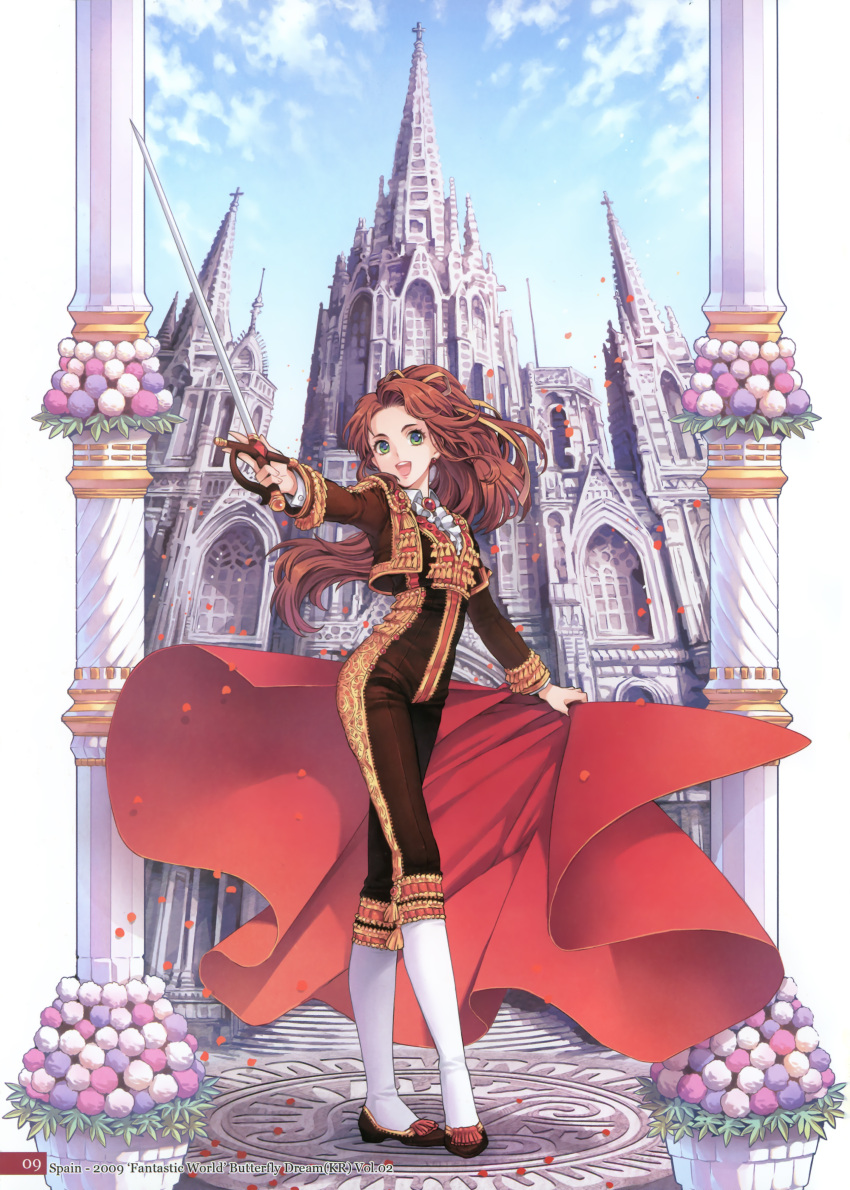 barcelona brown_hair building cape cathedral cathedral_of_santa_eulalia church cloud cropped_jacket cross earrings flat_chest flower gothic_architecture green_eyes hair_ribbon happy highres jewelry long_hair matador nardack original petals ponytail rapier ribbon sable shoes sky smile spain sword teeth very_long_hair weapon