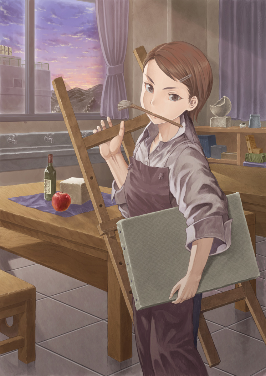 absurdres apple apron bottle brown_eyes brown_hair canvas_(object) cheese chiaki_rakutarou classroom cloud clouds easel faucet food fruit hair_ornament hairclip highres mouth_hold oekaki_musume original overalls paintbrush short_hair sky sleeves_pushed_up solo table window