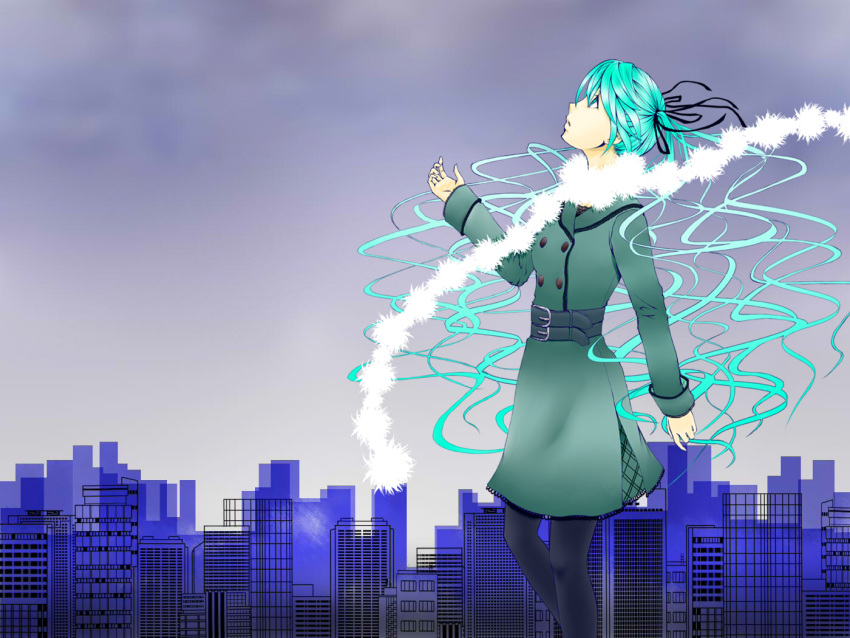 aqua_hair belt building coat hatsune_miku looking_up pantyhose ribbon scarf sky skyline solo twintails vocaloid