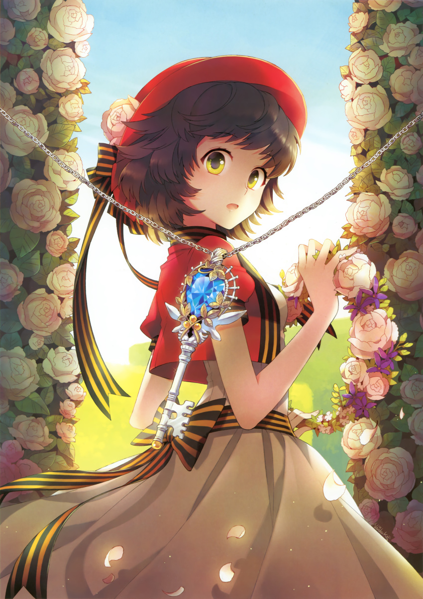 brown_hair chain dress flower flower_wreath hat highres key looking_back nardack open_mouth original petals rose rose_petals short_hair solo white_rose wreath yellow_eyes
