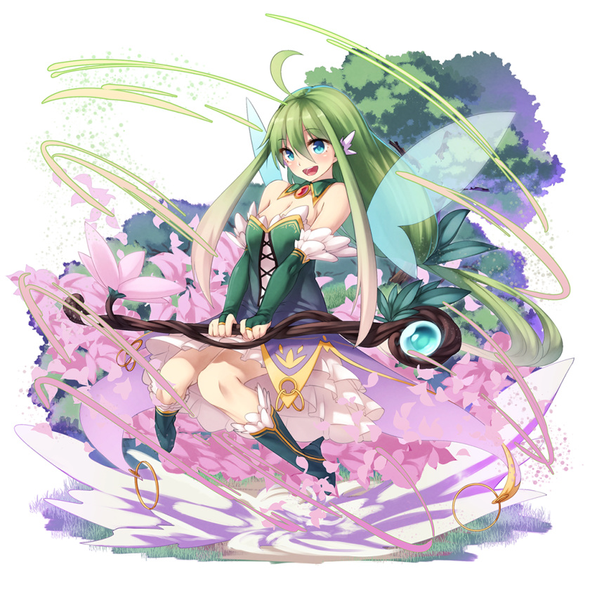 1girl :d ahoge breasts cleavage fairy flower green_eyes green_hair holding ibuki_notsu long_hair looking_at_viewer merc_storia open_mouth original simple_background smile solo staff tree white_background