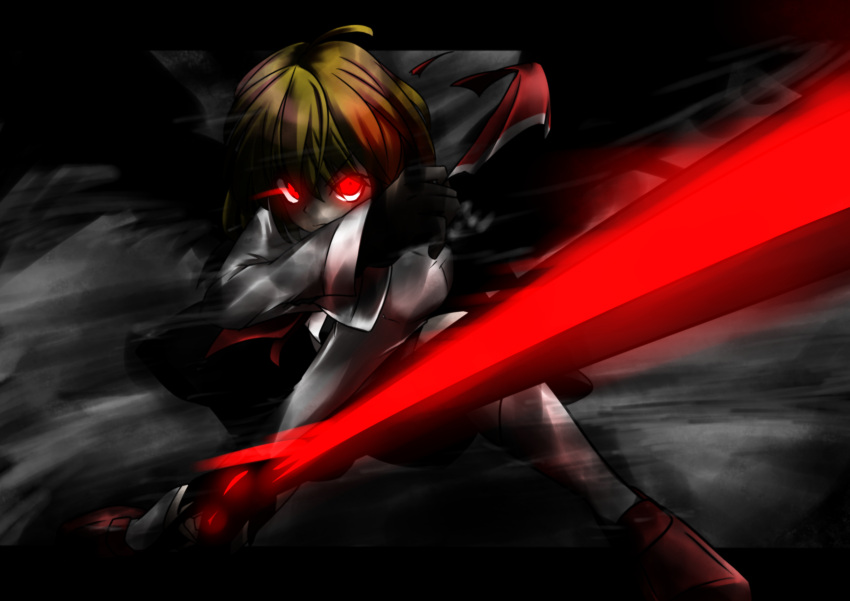 black_wings blonde_hair darkness ex-rumia glowing glowing_eyes hair_ribbon highres red_eyes ribbon rumia short_hair solo sword the_embodiment_of_scarlet_devil touhou tyourou_god weapon wings youkai