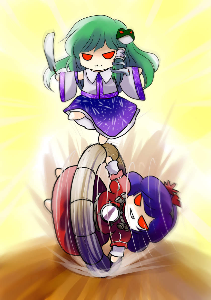 &gt;:3 2girls :3 :d absurdres blue_hair chibi detached_sleeves frog green_hair hair_ornament highres kochiya_sanae long_hair multiple_girls open_mouth purple_hair red_eyes rolling short_hair smile snake touhou yasaka_kanako yume_shokunin