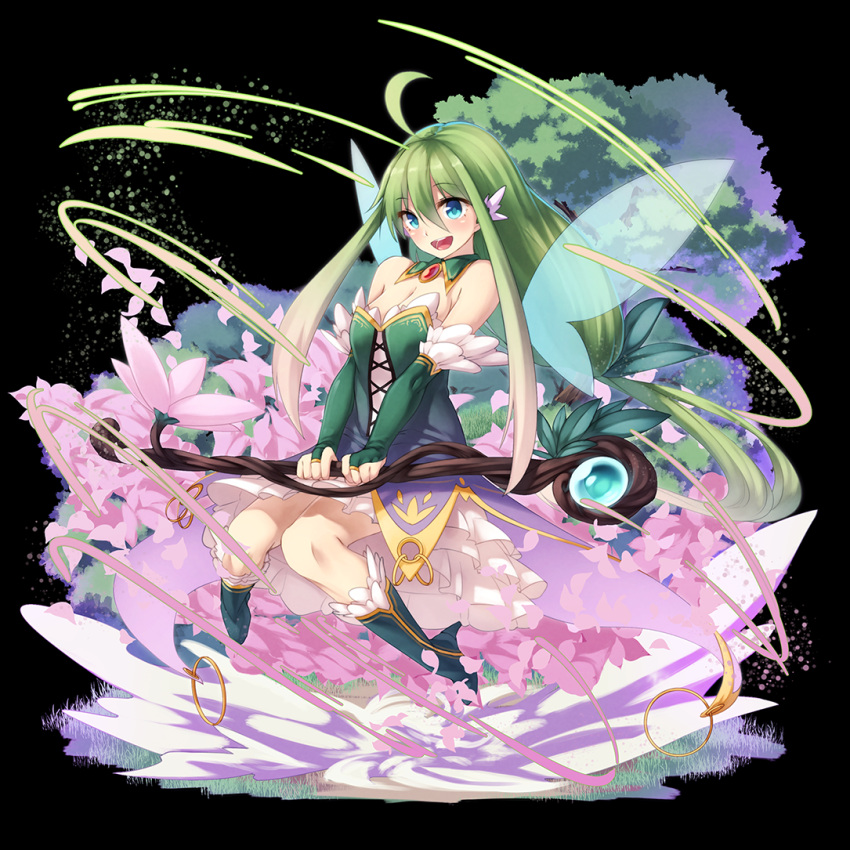 1girl :d ahoge black_background breasts cleavage fairy flower green_eyes green_hair holding ibuki_notsu long_hair looking_at_viewer merc_storia open_mouth original simple_background smile solo staff tree