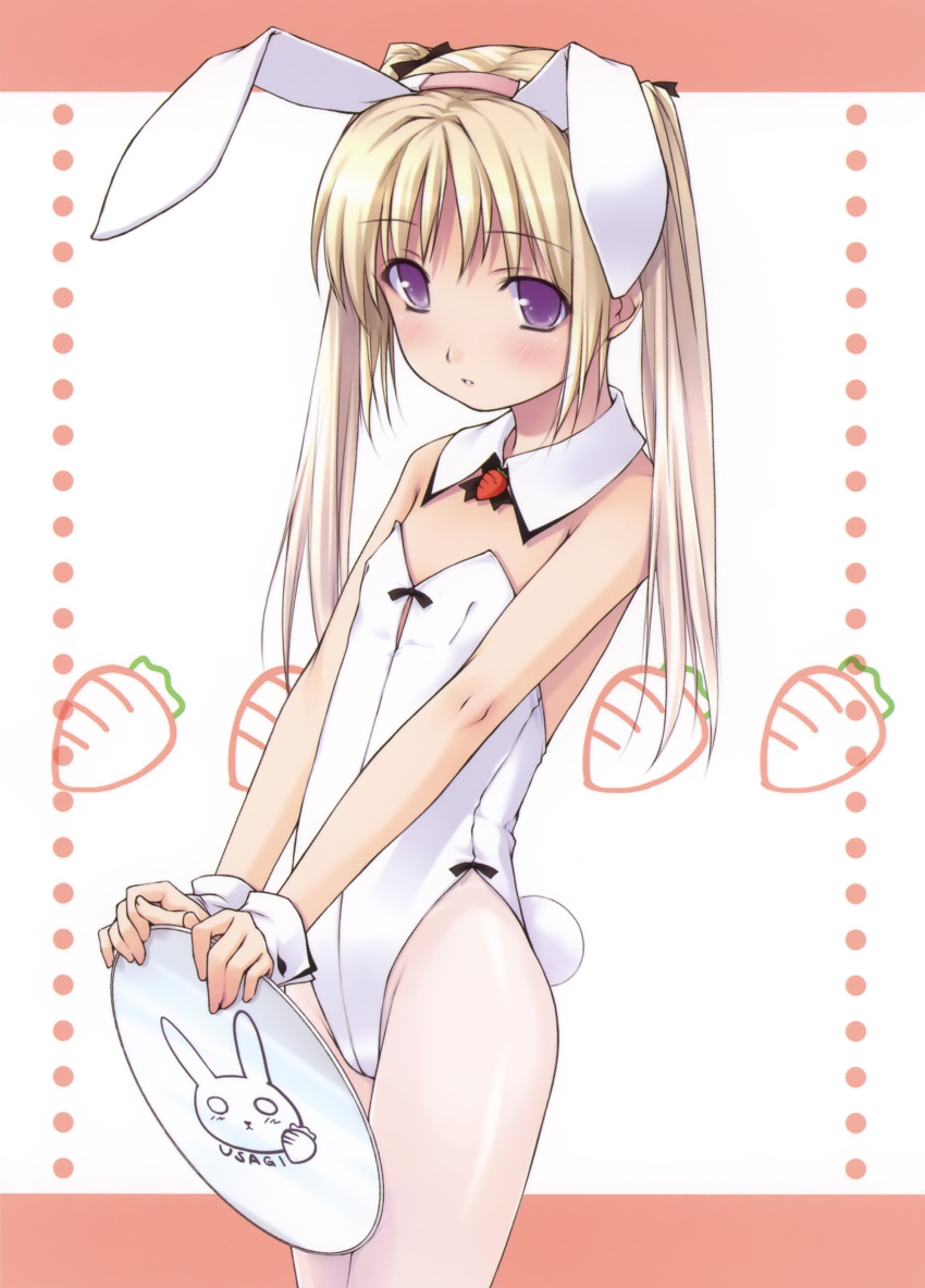 animal_ears blonde_hair bunny_ears bunnysuit copyright_request flat_chest grey_eyes highres long_hair official_art ooji pantyhose purple_eyes solo tray twintails violet_eyes white_legwear white_pantyhose wrist_cuffs