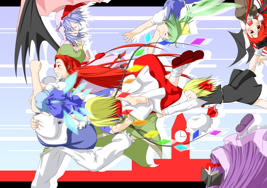 6+girls apron ascot bat_wings blonde blue_eyes blue_hair blush book bow braid chinadress chinese_clothes cirno daiyousei dress eyes_closed flandre_scarlet green_hair hair_bow hat head_wings high_res hong_meiling izayoi_sakuya koakuma long_hair maid maid_headdress multiple_girls niwatazumi open_mouth patchouli_knowledge purple_hair red_eyes red_hair remilia_scarlet rumia running scarlet_devil_mansion short_hair side_ponytail silver_hair sitting skirt smile tears the_embodiment_of_scarlet_devil touhou twin_braids umbrella wings