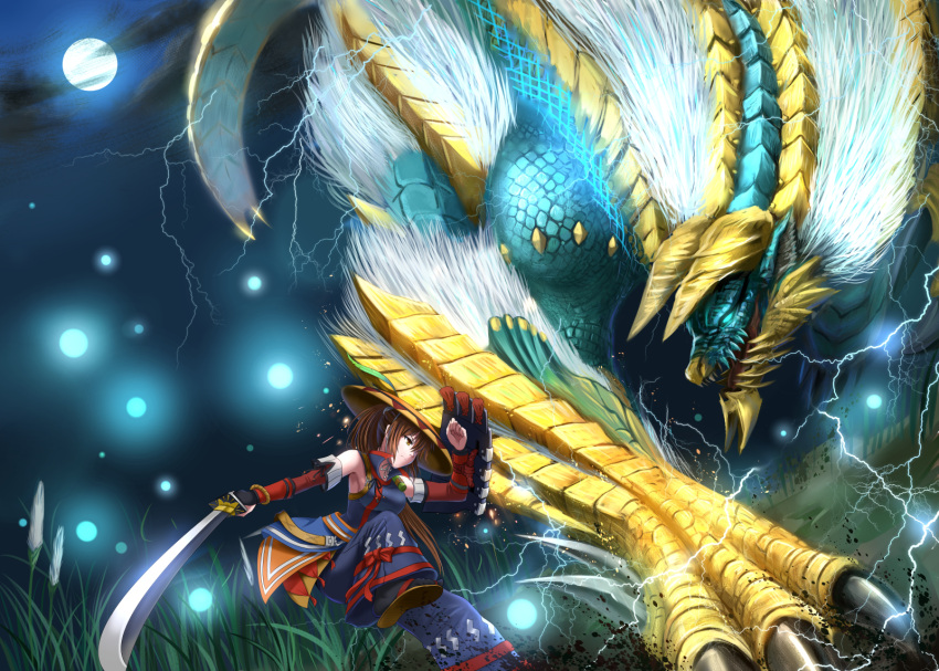 brown_eyes brown_hair capcom claws full_moon hat highres horns jinouga long_hair monster_hunter monster_hunter_portable_3rd moon ponytail sandals shield sword weapon windtalker wyvern yukumo_(armor)