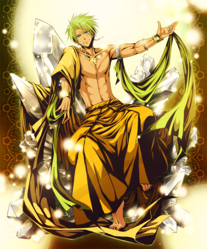 abs barefoot blonde_hair celestial_stones crystal highres light_smile male muscle original outstretched_arm personification short_hair sitting solo tatsuki_maki zircon_(personification)