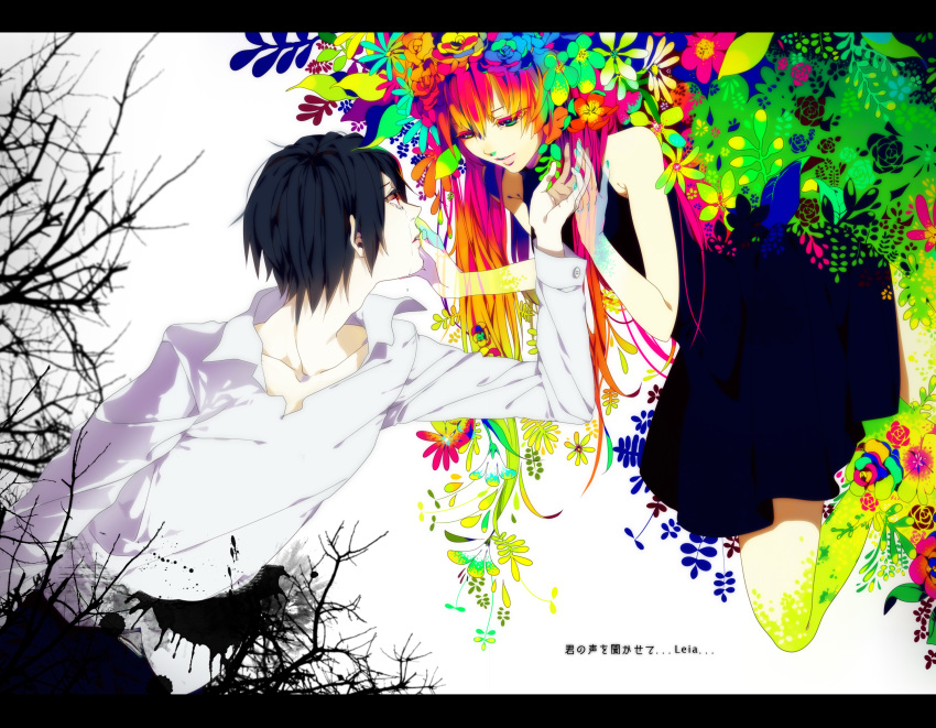 black_hair colorful couple dress flower gradient_hair hair_flower hair_ornament hand_on_another's_cheek hand_on_another's_face hand_on_cheek hands highres leia_(vocaloid) letterboxed light_smile long_hair megurine_luka multicolored_eyes multicolored_hair pink short_hair tears translation_request tree vocaloid