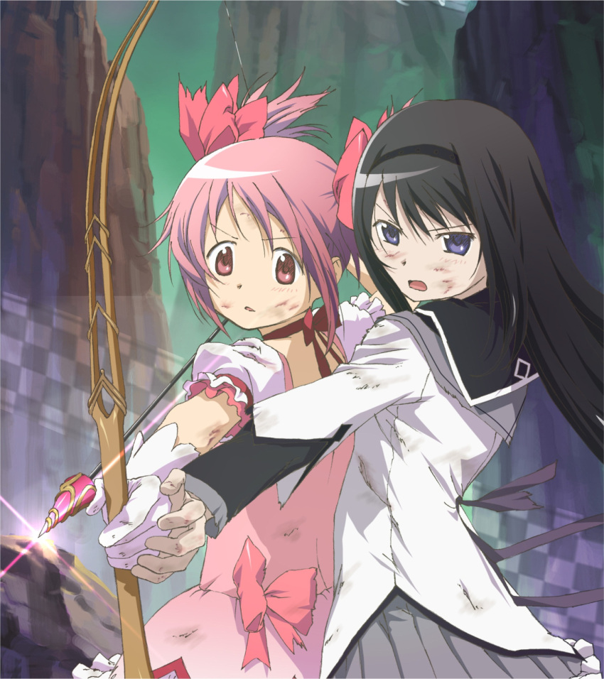 akemi_homura arrow black_hair blue_eyes bow bow_(weapon) bruise cover dress girls hair_bow highres injury kaname_madoka long_hair mahou_shoujo_madoka_magica multiple_girls official_art pink_eyes pink_hair scan source_request twintails weapon