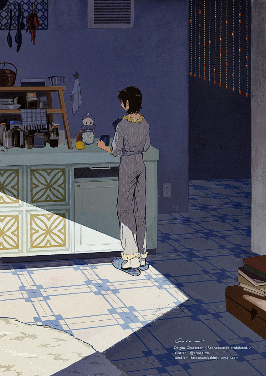 1girl amiyakinyu black_hair book book_stack cup food from_behind fruit grey_pants grey_shirt highres lemon medium_hair original pants shadow shirt slippers solo standing twitter_username watermark web_address wide_shot