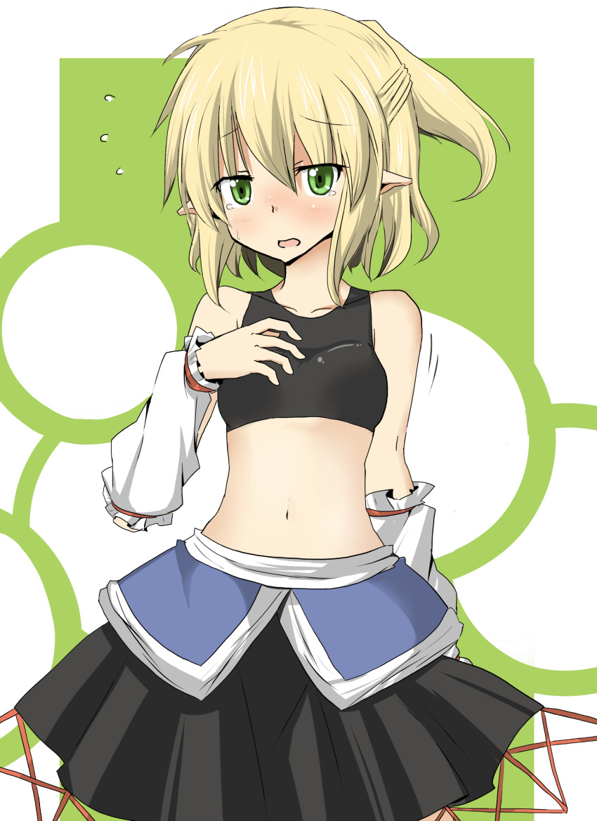 absurdres arm_warmers bare_shoulders blonde_hair blush collarbone green_eyes highres midriff mizuhashi_parsee navel no_shirt pointy_ears ponytail short_hair solo sports_bra suna_(sunaipu) sunaipu touhou undressing