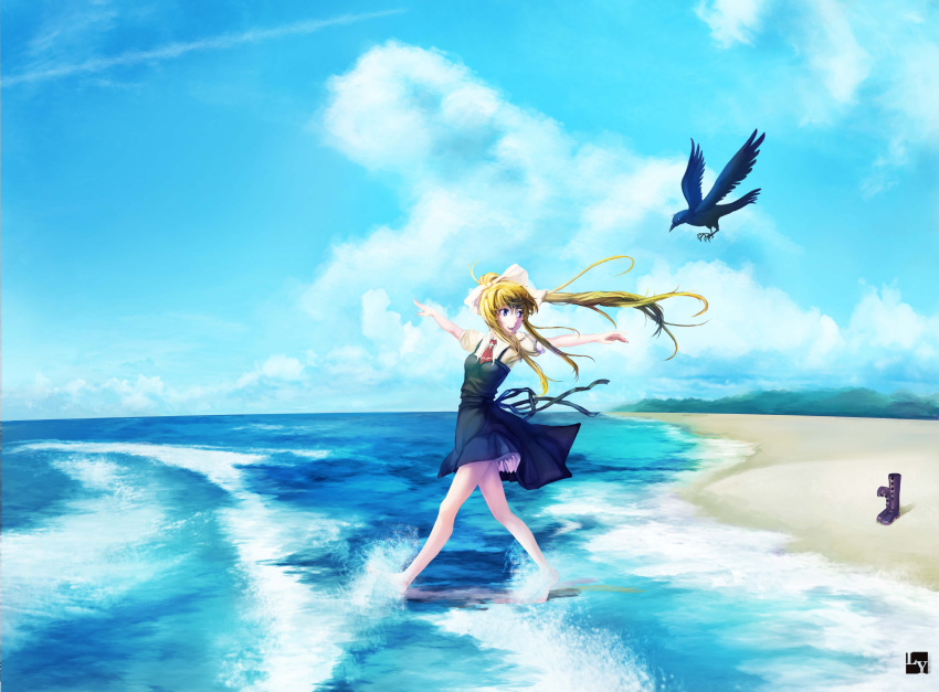air barefoot beach bird blonde_hair blue_eyes boots bow cloud clouds crow hair_bow highres kamio_misuzu landscape long_hair looking_back nanaya_(daaijianglin) ocean outstretched_arms ponytail school_uniform shoes_removed skirt sky smile sora_(air) spread_arms