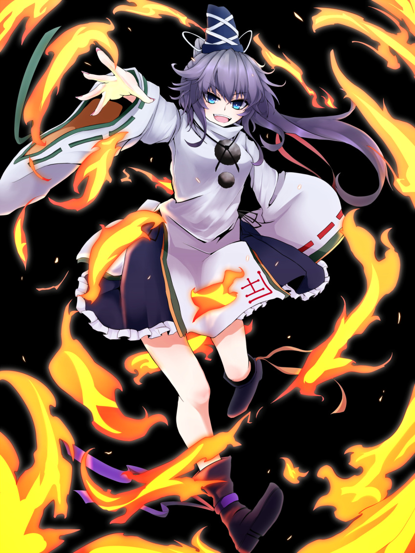 1girl ankle_ribbon blue_eyes boots flame hat hat_ribbon highres long_hair long_sleeves looking_at_viewer mononobe_no_futo open_mouth outstretched_arms outstretched_hand ponytail ribbon rihito_(usazukin) shirt silver_hair skirt smile solo touhou wide_sleeves