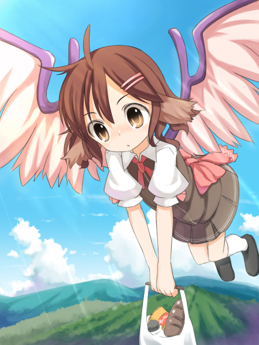 ahoge alternate_costume bag baguette bread brown_eyes brown_hair flying food highres mystia_lorelei school_uniform short_hair shouji_ayumu solo touhou wings