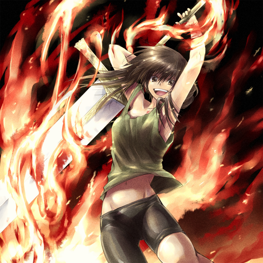 arms_up bike_shorts brown_eyes brown_hair collarbone fire giant_sword highres huge_weapon light_smile midriff navel open_mouth original shorts solo sword tank_top tatsuki_maki tattoo weapon