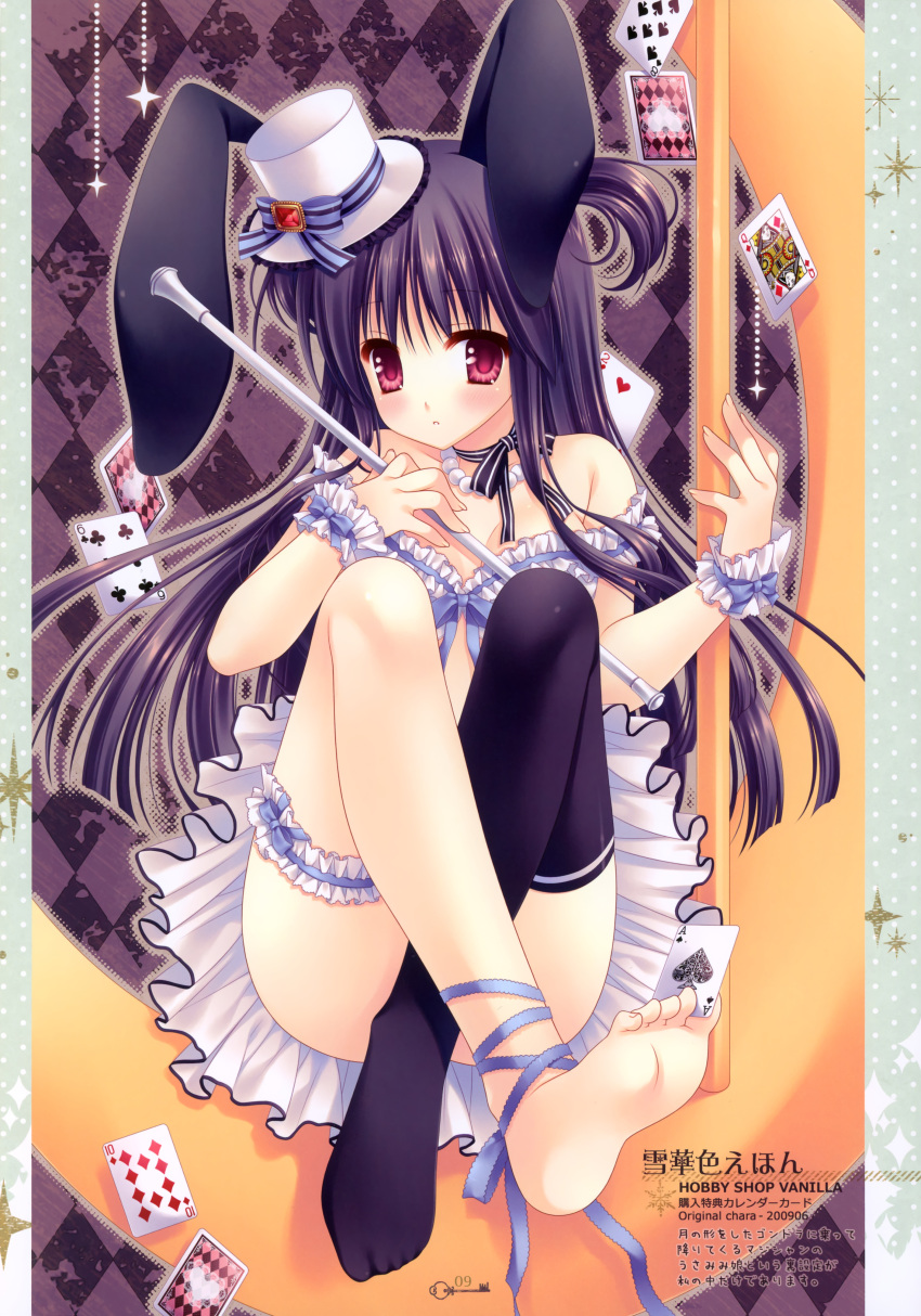 absurdres animal_ears arm_garter bare_shoulders barefoot baton between_toes bunny_ears card cards falling_card feet floating_card foot_hold garters hat highres jewelry leg_garter necklace original playing_card playing_cards purple_hair red_eyes ribbon single_thighhigh soles solo tatekawa_mako thigh-highs thighhighs toes top_hat wrist_cuffs