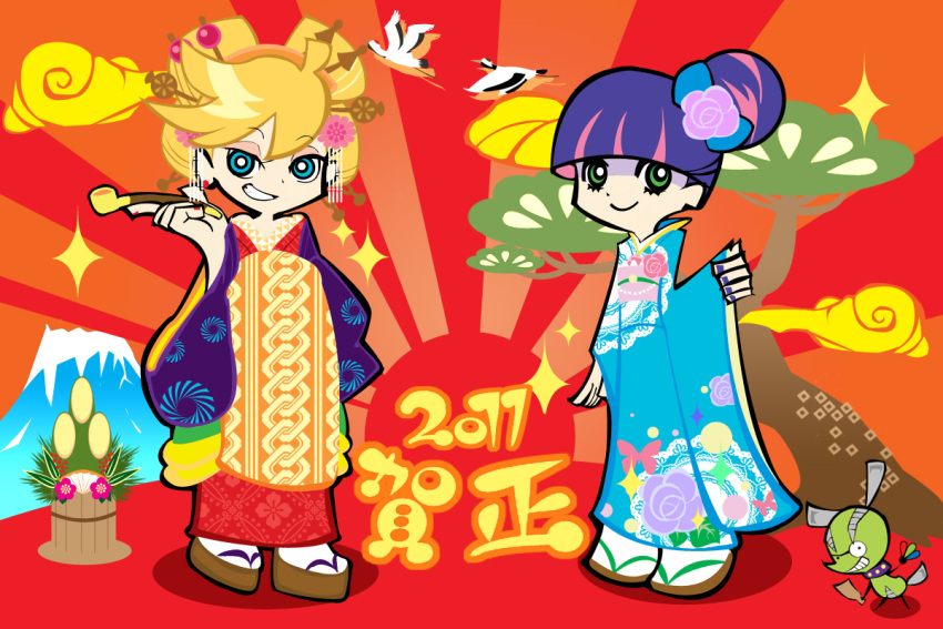 2011 blonde_hair blue_eyes blue_hair chuck chuck_(psg) green_eyes japanese_clothes kimono multicolored_hair official_style panty_&amp;_stocking_with_garterbelt panty_(character) panty_(psg) pink_hair rising_sun smile stocking_(character) stocking_(psg)
