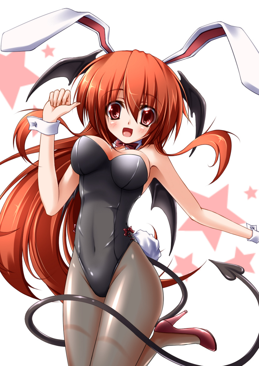 absurdres alternate_costume animal_ears bat_wings black_legwear breasts bunny_ears bunny_tail bunnysuit cleavage demon_tail head_wings high_heels highres koakuma long_hair midoriiro_no_shinzou pantyhose red_eyes red_hair redhead shoes solo tail tail_wrap the_embodiment_of_scarlet_devil touhou wings