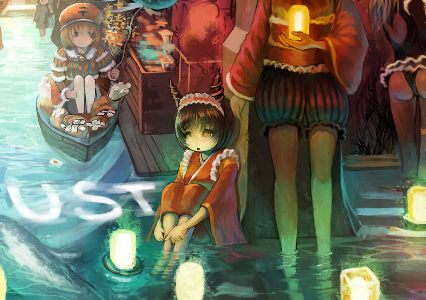 bad_id black_hair blonde_hair boat brown_eyes fish hairband hat horns japanese_clothes lantern letter love_letter original sakai_yoshikuni short_hair shorts sitting standing ustream water work_in_progress