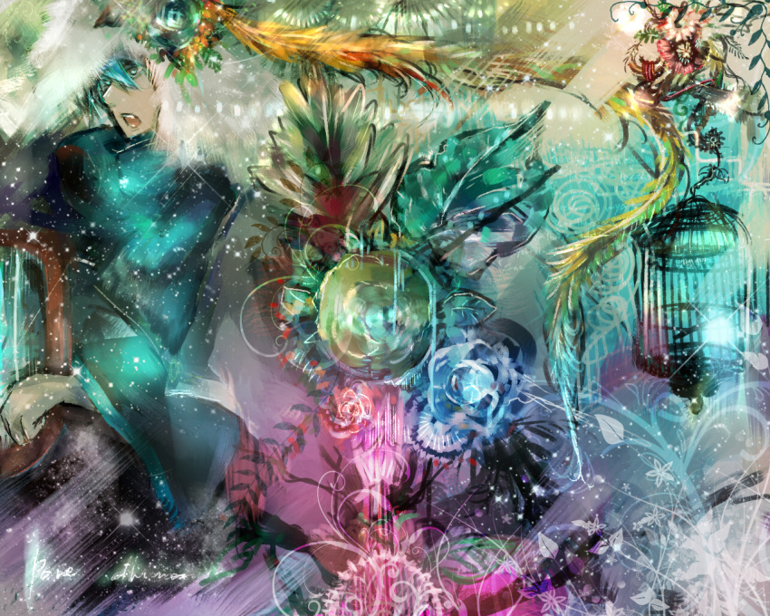 abstract bird_cage blue_hair colorful flower kaito leaf open_mouth solo vocaloid