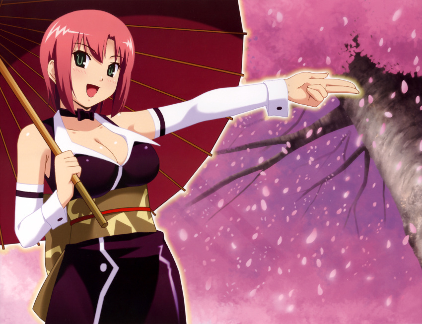 adapted_costume breasts cherry_blossoms choker cleavage detached_sleeves green_eyes highres japanese_clothes kimono large_breasts oriental_umbrella parasol pink_hair red_hair redhead rio_rollins short_hair smile solo super_blackjack tree umbrella