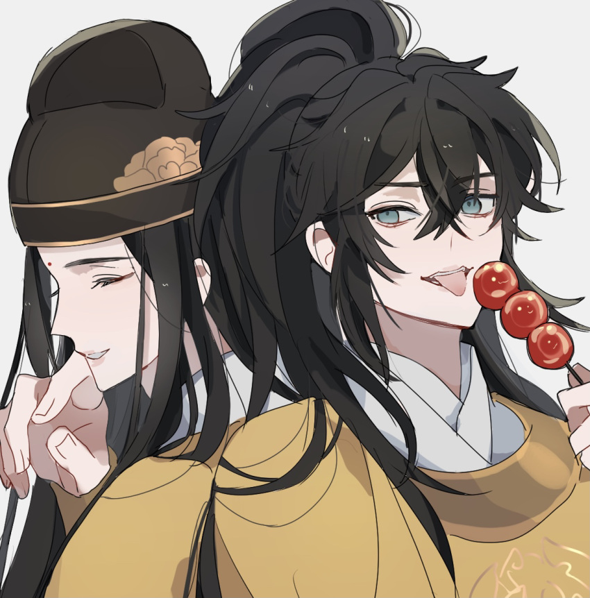 2boys back-to-back bindi bishounen black_hair black_hat chinese_clothes closed_eyes eating food green_eyes hair_between_eyes hand_on_own_chin hat high_ponytail holding holding_food jin_(headwear) jin_guangyao long_hair long_sleeves looking_at_viewer male_focus modao_zushi multiple_boys open_mouth parted_lips perle_oekaki ponytail sidelocks simple_background smile tang_jin_(headwear) tanghulu teeth tongue tongue_out upper_body white_background xue_yang yellow_hanfu yuanlingpao