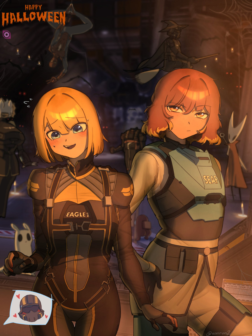 3girls among_us armor blonde_hair blush broom broom_riding colored_bangs eagle_1_(helldivers) hair_between_eyes hand_on_own_hip happy_halloween helldivers_(series) highres hollow_knight hornet_(hollow_knight) looking_at_viewer marvel medium_hair multiple_girls open_mouth orange_eyes orange_hair seaf_soldier_(helldivers) spider-man spider-man_(series) teeth upper_teeth_only v xanran