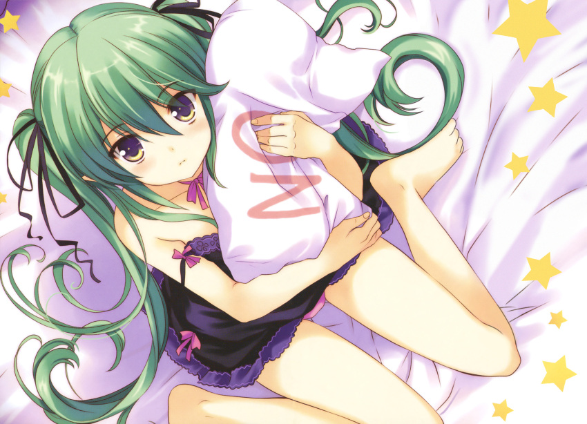 barefoot blush chemise from_above green_hair hair_ribbon highres long_hair lucky_chance! panties pantyshot pantyshot_(sitting) pantyshot_sitting ribbon sitting strap_slip twintails underwear very_long_hair wariza yellow_eyes yes-no_pillow