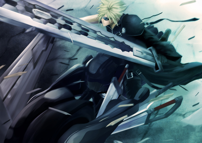 bad_id blonde_hair cloud_strife fenrir fenrir_(vehicle) final_fantasy final_fantasy_vii final_fantasy_vii_advent_children first_tsrugi goggles googles highres huge_weapon male motorcycle pochiharu rpg short_hair shoulder_pad shoulder_pads square-enix square_enix strap straps sunglasses sword vehicle video_games weapon