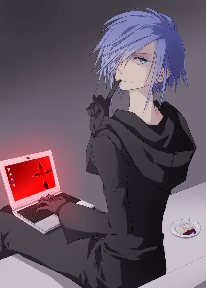 blue_eyes blue_hair computer gloves highres kingdom_hearts laptop male okitune-sama sitting solo zexion