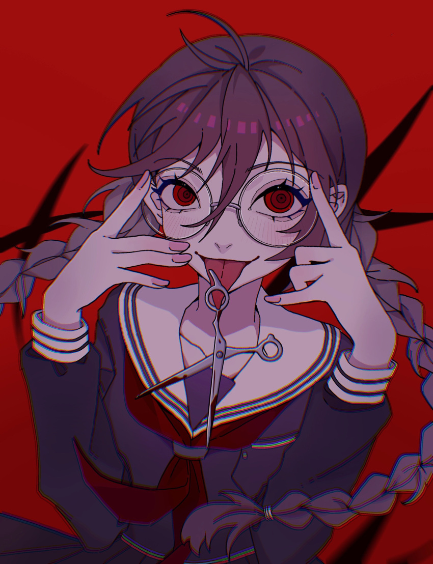 1girl @_@ absurdres ahoge black-framed_eyewear braid collarbone cowboy_shot danganronpa:_trigger_happy_havoc danganronpa_(series) endoftheworld600 eyelashes fukawa_toko genocider_shou glasses hair_between_eyes hair_tie hands_on_own_head happy highres holding holding_scissors light_blush long_hair long_hair_between_eyes long_sleeves long_tongue looking_at_viewer low_twin_braids mouth_hold neckerchief nostrils purple_hair purple_serafuku purple_shirt purple_skirt red_background red_eyes red_neckerchief round_eyewear sailor_collar school_uniform scissors serafuku shirt skirt skirt_set solo standing tongue twin_braids very_long_hair white_sailor_collar