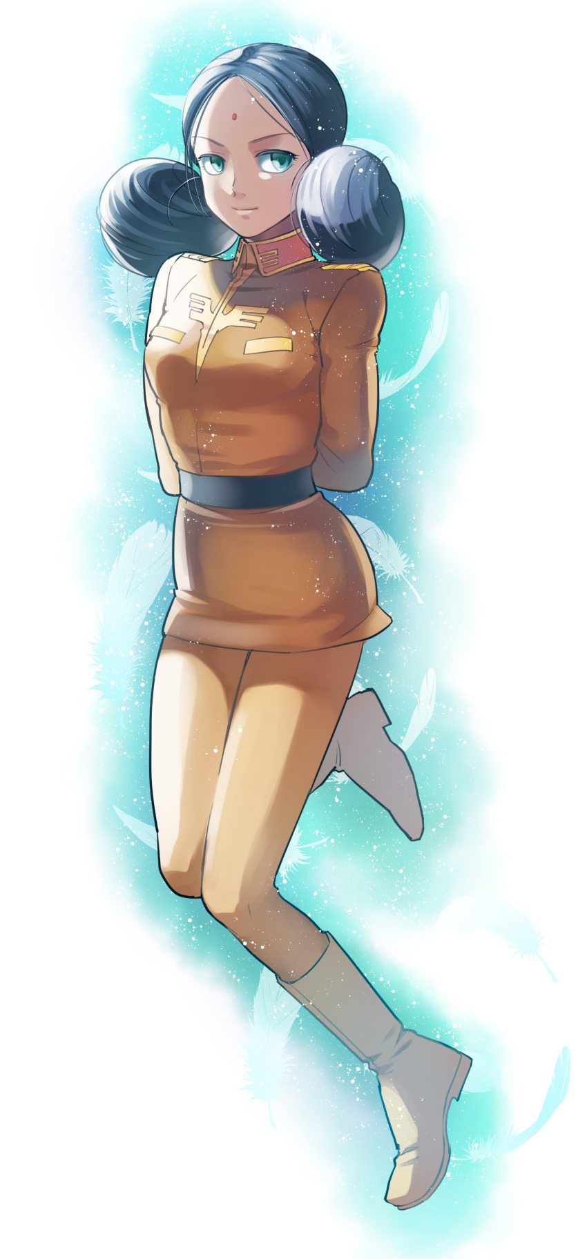 1girl absurdres belt bindi black_hair boots commentary_request dark_skin green_eyes gundam highres lalah_sune looking_at_viewer military_rank_insignia military_uniform mobile_suit_gundam oh_syz science_fiction zeon zero_gravity