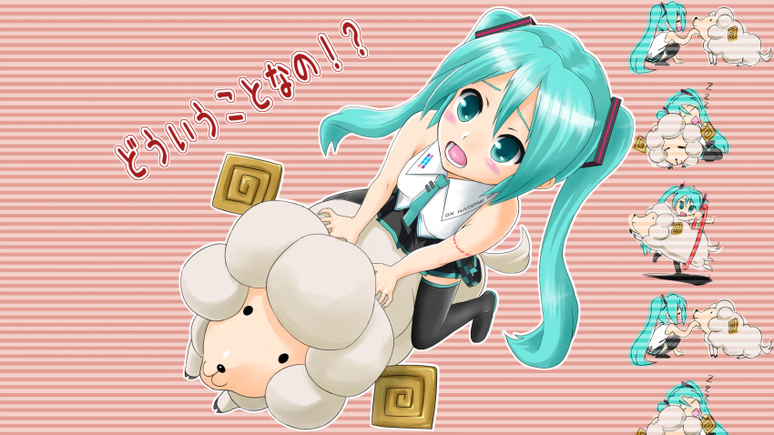 aqua_hair blush chibi from_above hatsune_miku hoop necktie open_mouth ram riding sleeping thigh_boots twintails vocaloid