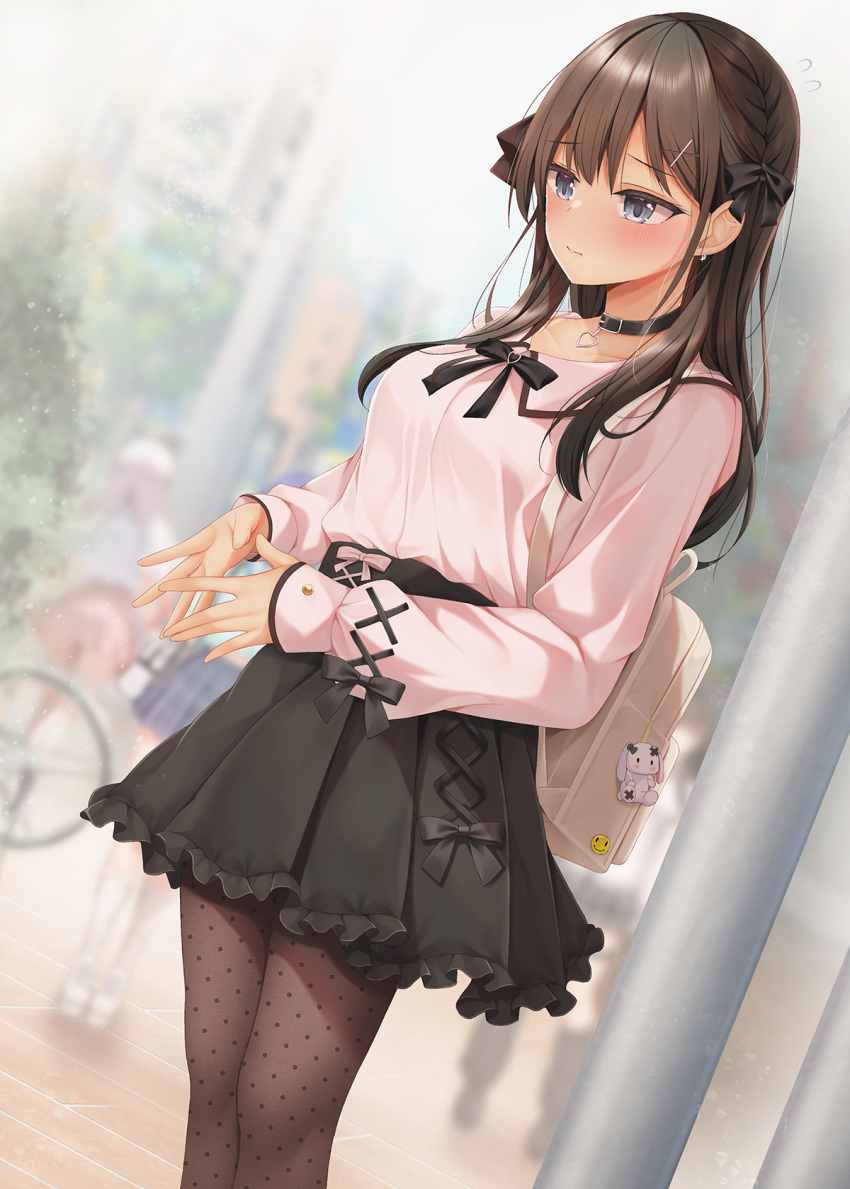 3girls backpack bag black_bow black_collar black_skirt blurry blurry_background blush bow braid breasts brown_hair brown_pantyhose closed_mouth collar collarbone day depth_of_field flying_sweatdrops frilled_skirt frills grey_eyes hair_bow hair_ornament hairclip highres jirai_kei long_hair long_sleeves medium_breasts minato_ojitan multiple_girls original outdoors pantyhose pink_shirt pleated_skirt polka_dot polka_dot_pantyhose puffy_long_sleeves puffy_sleeves shirt skirt sleeves_past_wrists solo_focus steepled_fingers tan