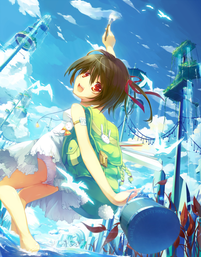 armlet backpack bad_id bag bird brown_hair cloud clouds dress hair_ribbon highres hime03 jewelry megastructure necklace oekaki_musume original paint_bucket paintbrush panties pixiv randoseru red_eyes ribbon sky solo underwear water white_dress white_panties