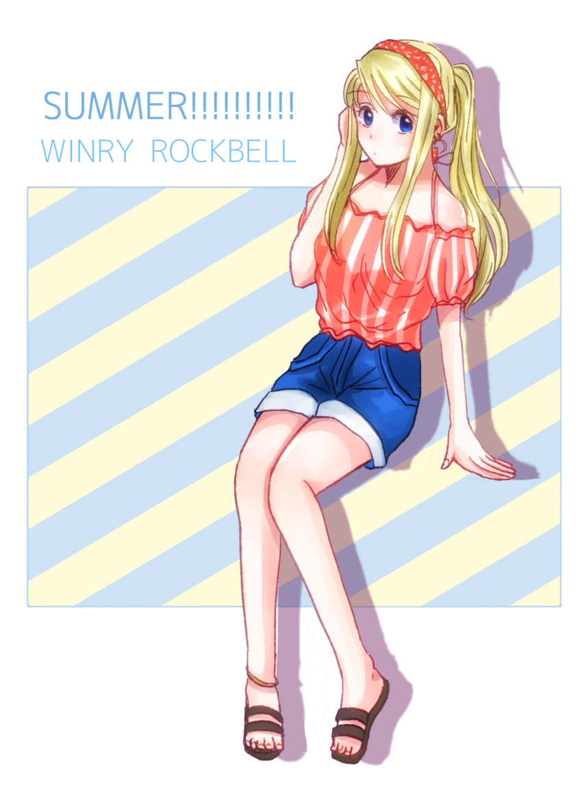 1girl :o arm_at_side bandanna bangs bare_legs bare_shoulders blonde_hair blue_eyes character_name denim denim_shorts english_text eyebrows_visible_through_hair full_body fullmetal_alchemist highres long_hair looking_away machi_(xxx503r) outside_border pink_shirt ponytail sandals shadow shirt shorts simple_background sitting solo striped striped_background striped_shirt two-tone_background vertical-striped_shirt vertical_stripes white_background winry_rockbell