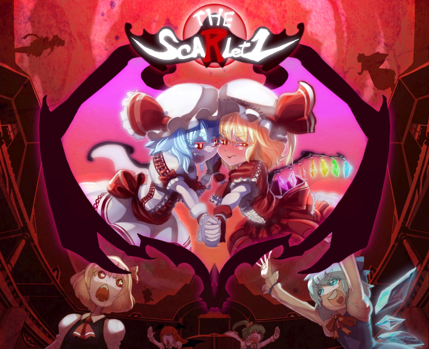 &gt;:) &gt;:d :d absurdres arms_up ascot bat_wings blonde_hair blue_eyes blue_hair cirno closed_eyes constricted_pupils daiyousei dress dress_shirt eyebrows fairy_wings fang fangs flandre_scarlet frills green_hair hat head_wings heart heart_in_mouth highres holding_hands hong_meiling izayoi_sakuya kiki_(uxoia) koakuma long_hair long_sleeves looking_up multiple_girls necktie open_mouth outstretched_arms patchouli_knowledge red_dress red_eyes red_hair remilia_scarlet rumia running scared scarlet_devil_mansion shirt short_hair side_ponytail silhouette slit_pupils smile tears the_embodiment_of_scarlet_devil thick_eyebrows touhou vest white_dress wings youkai