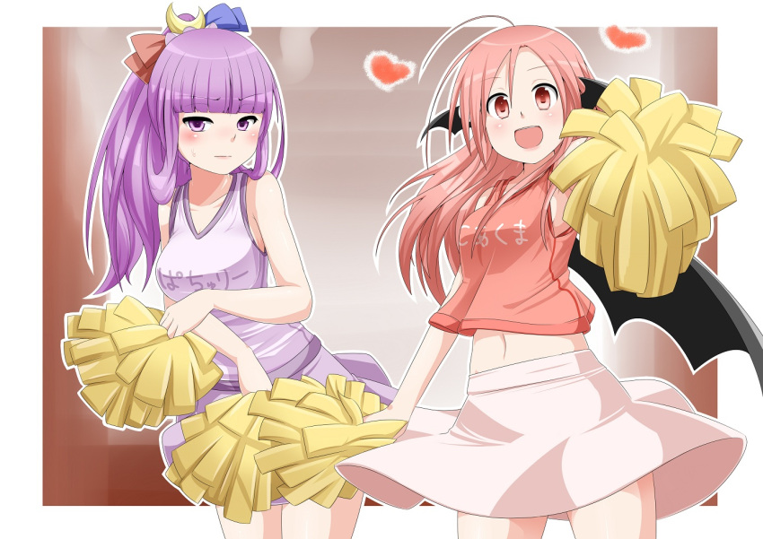 :d alternate_costume bat_wings blush cheerleader crescent crescent_moon hair_ornament head_wings heart koakuma long_hair midriff miki_plus miki_purasu moon multiple_girls navel no_hat no_headwear open_mouth patchouli_knowledge purple_eyes purple_hair red_eyes red_hair skirt smile sweat the_embodiment_of_scarlet_devil touhou violet_eyes wings